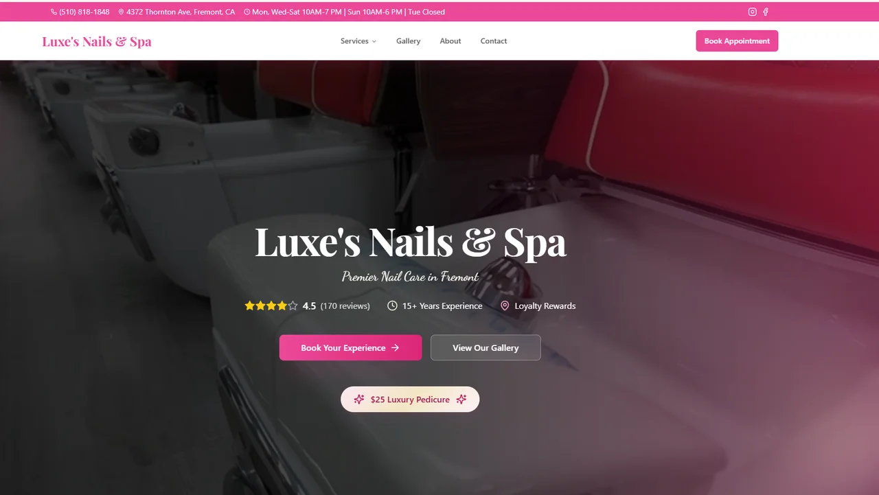 Luxe’s Nails & Spa website and booking experience