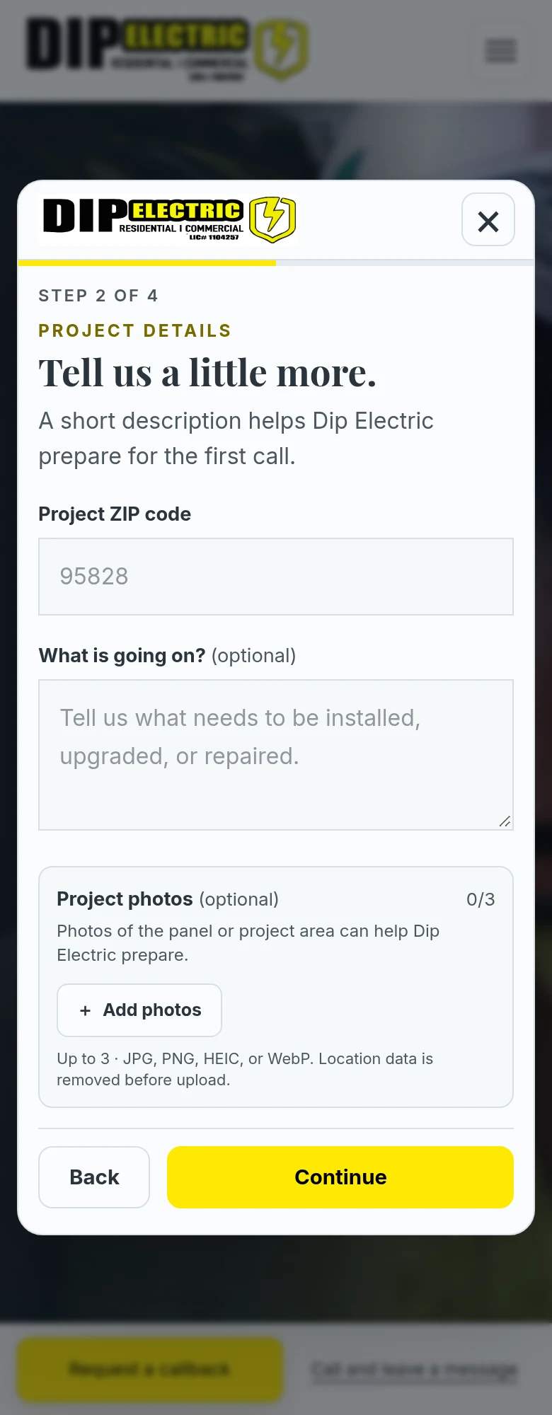 Mobile estimate form asking for project ZIP code, optional project details, and optional photos