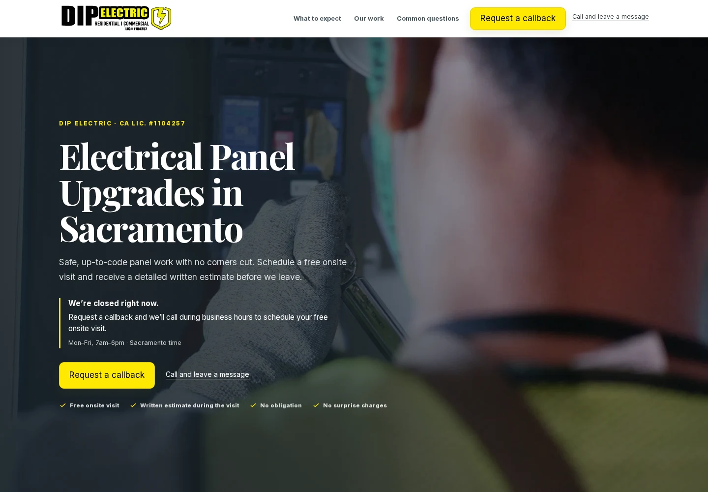 Dip Electric’s Sacramento panel-upgrade landing page with an after-hours callback action