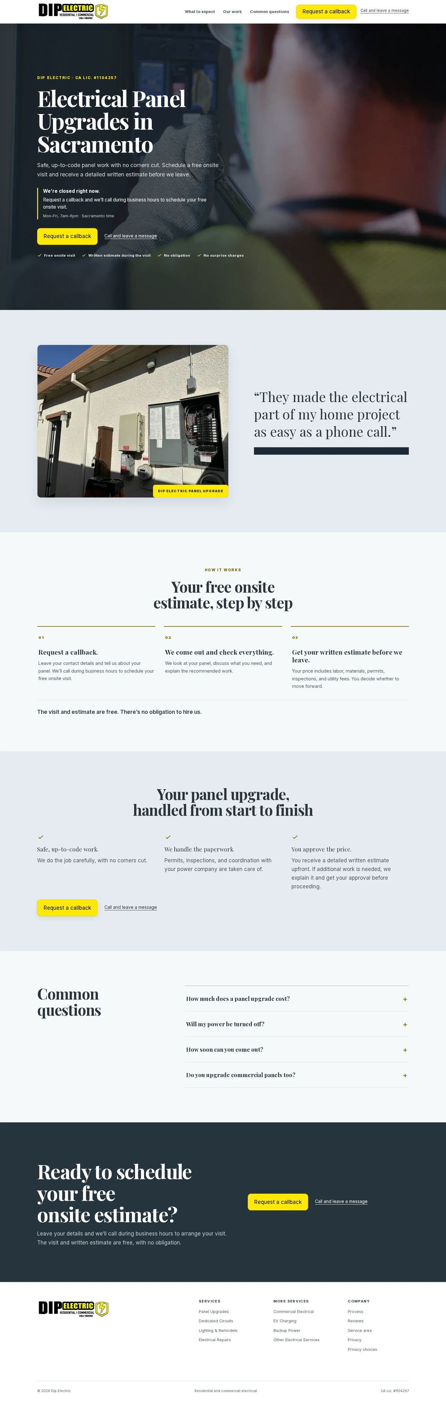 Full Dip Electric panel-upgrade page, including the hero, project proof, process, common questions, and closing contact section; customer attribution redacted